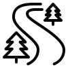 Simple icon of a winding road with two pine trees.