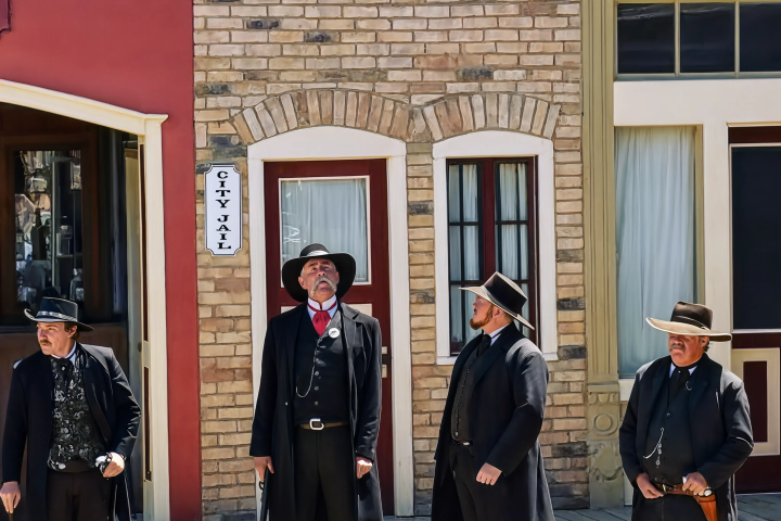 Four men in Western attire stand on a wooden sidewalk in front of historic buildings.