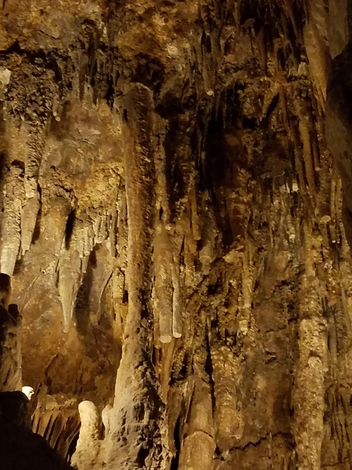 Illuminated cave with stalactites and rough walls.